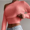 Herfst Winter Damesmode Effen Trui Lange Mouw Diagonale Kraag Off-Shoulder Knitwear Tops Vrouwelijke Warme Sweaters 210521