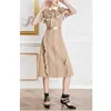 [DEAT] Summer Fashion Ruffles Sexy Strapless Turn-down Collar Short Sleeve Splicing Loose Elegant Dress 13C467 210527