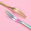 Roestvrij staal Fruit Vork Kleurrijke Metalen Dessert Cake Snack Forks Two Tooth Fruit Servies Huishouden voor Party Festware Rre10785