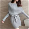 Casual Dresses Womens Clothing Apparel Fashion Autumn Winter Dress Women Knitwear Sashes Belted Mini Bodycon Elegant Knitted Long Sleeve Kni