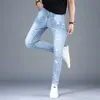 Estilo coreano moda homens jeans retrô luz azul elástico algodão rasgado streetwear impresso designer hip hop lápis pants mjo1