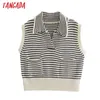 Tangada Women Vintage Striped Crop Knitted Vest Sweater Pocket Sleeveless Female Waistcoat Tops 3N30 210609