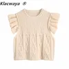 Women Fashion Bobble Appliques Cropped Knitted Vintage Ruffled Cap Sleeves Female Pullovers Chic Tops 210521