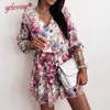 2021 Vestidos de tendencia para Mujeres Primavera Verano V Cuello Floral Imprimir Rúfle Casual Partido Playa Robe Femme Vestido Una línea Mini Vestido X0529