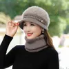 Winter Mother's Beanies Hat Elegant Women Thick Warm Skullies Gorras Stripes Cap Set Flower Decorate Knitted Wool 211229