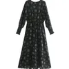 Vintage Kreuz V-Ausschnitt 3D Dot Blumendruck Frauen Chiffon Kleid Elegante Langarm Elastische Taille Knöchellange Kleider Urlaub 210429