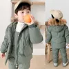 Winter 2 3 4 6 8 Jahre Pelz Kapuzenjacke + Overall Anzug 2 Stücke Ente Daunen Kinder Kleidung Set für Baby Kinder Mädchen Jungen 210529