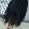 Jielur outono moda chiffon saia feminina malha cor sólida bouffant saia inchado irregular sexy saia plissado preto jupe longue 210412