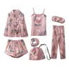 Strap Nachtwäsche Pyjamas 7 Stück rosa Pyjamas Sets Satin Seide Dessous Homewear Set Pyjamas für Frau 210831