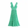 Za Summer Print Long Green Dress Women Sleeveless Backless Sexy Pleated Party Dresses Elastic Waist Woman Ruched Dresses 210602