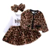 Осенние дети младенческие девочки девочек леопардовые пальто платье набор повязки с длинным рукавом Высокая талия A-подкладки MIDI-молнии кардиган костюм