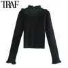 TRAF Women Fashion Patchwork Ruffled Cropped Stickad Sweater Vintage High Neck Långärmad Kvinna Pullovers Chic Toppar 210415