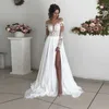 Robes de mariée en mousseline de soie Boho 2022 pleine dentelle appliques robes de mariée encolure dégagée longueur au sol fendue côté Illusion plage grande taille robe de mariée simple robe de Noiva