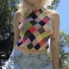 Argyle Y2K Knit Halter Crop Tops Women Fashion Summer Party Backless Vintage Plaid Sleeveless V Neck Sexy Cami Streetwear 210510