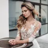 2022 Abito da sposa in raso A Line Boho maniche corte Tasca con fiocco Abiti da sposa Applicazioni in pizzo Abiti da sposa Abiti su misura Abiti da sposa Illusion Indietro