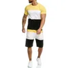 Mens Kläder Sommar Patchwork Tracksuit Kortärmad 2 Piece Sport Workout Kläder Män Shorts Ställ in Tshirt och Shorts Set 210722