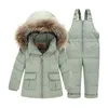 아이들 겨울 코트 정장 소년 오리 재킷 + 바지 의류 세트 아이들 따뜻한 두꺼운 코트 눈 착용 파카 아기 소녀 옷