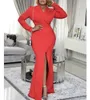 Frauen Party Kleid Rot Langarm Hohe Schlitz Paket Hüfte Elegante Büro Tragen Schlanke Afrikanische Weibliche Event Classy Anlass Roben 210416