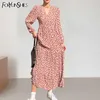 Sommarkvinnor Vintage Elegant V-Neck Puff Sleeve Blommor Skriv ut Klänning Kvinna Kläder Chic Plades Vestidos Casual Midi Dresses 210709