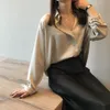 Höst Mode Satin Blus Vintage Femme Solid Färg V Neck Street Skjortor Lösa Långärmad Lång Ärms Elegant Kontor Ladies Silk Blouse