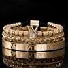 3pcs / set de luxe micro pavée cz couronne romaine royal charme hommes bracelets en acier inoxydable cristaux bracelets couple couple bijoux