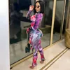 Сетчатая печать Сексуальные два куска Набор Женщин Scestsuits Clubwear 2 Настройки для улицы Длинный рукав Bodycon Комбинезон + штаны