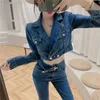 autumn winter Denim Jacket Coat +Denim pants suit Fashion Women Suit Two Piece Sets 210531