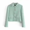 ZA Women Fashion Single Breasted Tweed Check Short Blazers Coat Vintage Long Sleeve Pockets Female Outerwear Chic Tops 210602