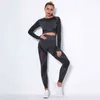 Vrouw Fitness Set Mode Hol Snel Drying Sport T-shirts Lange Mouw Gym Crop Top + Yoga Broek Ropa Deportiva Mujer 210514