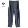 Fansilanen Office Lady High Waist Casual Suit Byxor Kvinnor Pläterad Loose Kvinna Vår Sommar Koreansk stil Beskurna Byxor 211115