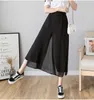 Mode Strandbroek Dames Ice Silk Casual Verticale Chiffon Fake Tweedelige Zwarte Wide Been Broek Dames Negen Punt Losse Rok Q0801