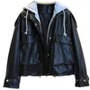 Sonbahar Kış Hood Siyah Pu Faux Yumuşak Deri Ceket Streetwear Fermuar Büyük Cep Gevşek Moto Biker Kısa Ceket Dış Giyim 210430