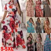 Yaz Kadınlar Uzun Elbise Rahat Çiçek Baskı Boho Beach Maxi Dresso-Boyun Bandaj Zarif Bayanlar Parti Vestidos De Feata 5XL 210331