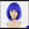 Perruques 10 pouces droites courtes Bob Bangs bleu doré rouge noir blanc violet rose vert marron Cosplay perruque femme Anfol Ojp1W