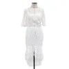 Foridol White Lace Party Dress Kobiety Jesień Zima Trąbka Bodycon Midi Dress Elegancki Rękaw Rękawy Flare Sukienka 210415