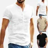 Męskie ubrania męskie koszule w lupgy bawełniany bielizn stały kolor krótki rękaw retro topy bluzka v szyja