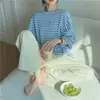 Casual o Neck tre fjärdedel ärm Blå randig T-shirts Kvinnor Sommar Koreanska Chic Wild Loose Short Sleeve Toppar Tees Fashion 210610