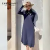 Winter Blue Bow Neck Long Sleeve Korean Dress Women A Line Knee Length Casual Modest Ladies Warm Clothes 210427