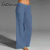 Прямые женские хлопчатобумажные бельевые брюки эластичные середины талии гарем свободно мягкие белые летние голубые повседневные брюки для женщин 210514