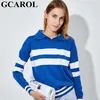 GCAROL Automne Hiver Turn-down Collier Stripes Jumper 30% Laine Beau Chaud Court Jersey Tricoté Doux Polo Pull 211018