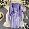 Neploe Autumn Suit V-neck All-match Knitted Cardigans Coat Sexy Chic Plaid Pattern Camis Dress Fashion Fresh 2 Piece Set 210423