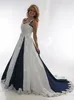 Rustykalny Kraj Kraj Hlater Suknie Ślubne Linia Suknie Ślubne 2021 Rękawicowy Vintage Ivory i Navy Długa Satin Bride Sukienka Plus Size