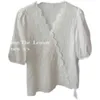 Fashion Short Sleeve Shirt Hollow Tops White s Women Korean Chic Button Up Blusas Mujer Drop 14275 210506