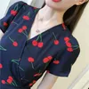 Plus Size Women Dresses Cherry Print Short Sleeve Vintage French Dress V-neck Midi Dress Chiffon Summer Vestidos S-4XL