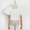캐주얼 흰 셔츠 여성용 스퀘어 칼라 퍼프 짧은 소매 패치 워크 블라우스 여성 여름 패션 210524