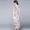 Sommar mode kvinnor retro kortärmad blommig print spets patchwork mid-calf slim en linje casual ol midi dress vestido 210514