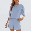 Sommer Casual Cotton Leinentasche Sets kurzarm T -Shirt und elastische Shorts zweiteilige Frauen Beach Solid Outfits Tracksuit 210721