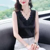 Korean Blouse Women Silk s Sleeveless Tops Pullover Shirt Woman V-Neck Hollow Out Plus Size 210604