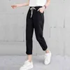 Pantaloni lunghi alla caviglia Harajuku casual da donna Estate Autunno Pantaloni di lino in cotone con elastico in vita grande e solido Nero 211124