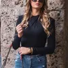 Långärmad röd bodysuit knutna crew neck casual höst svart kropp topp sexiga kvinnor bodysuits streetwear 210430